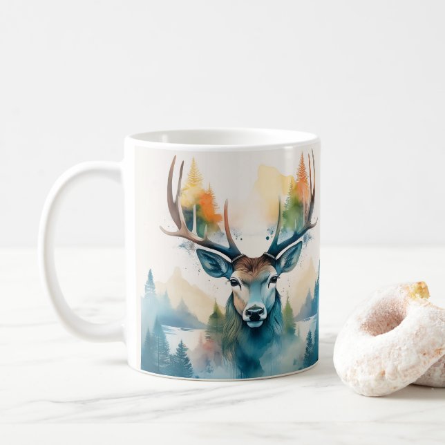 Deer head with antlers and forest trees coffee mug (With Donut)