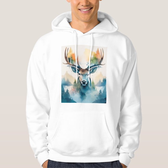 Deer head with antlers and forest trees hoodie (Front)