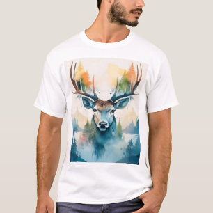 Deer head with antlers and forest trees T-Shirt