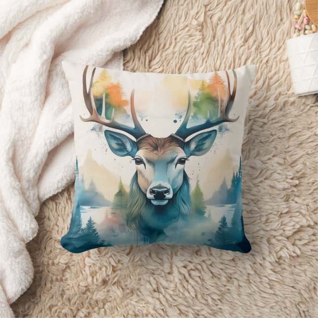Deer head with antlers and forest trees throw pillow (Blanket)