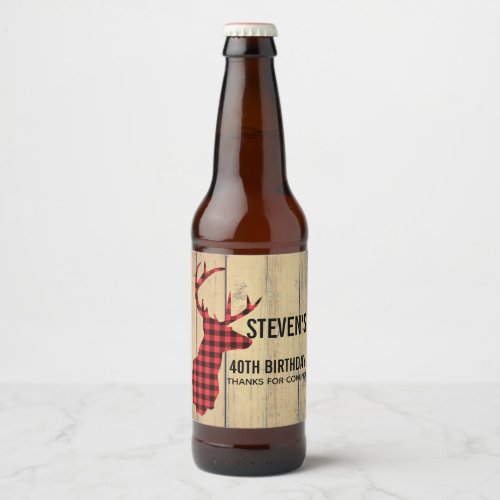 Deer Head with Antlers on Faux Wood Beer Bottle Label