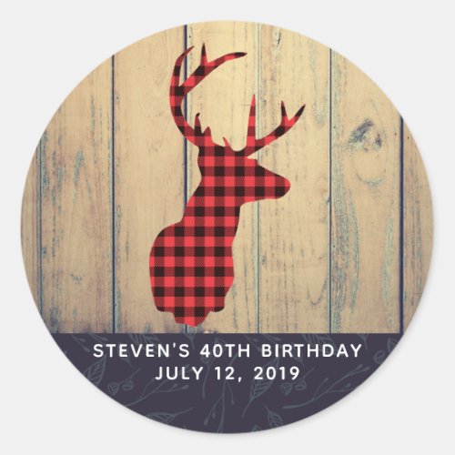 Deer Head with Antlers on Faux Wood Birthday Classic Round Sticker