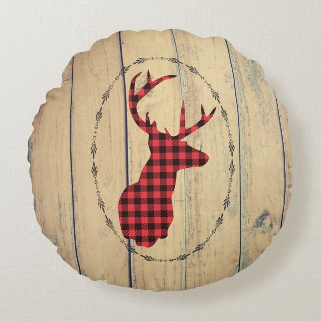 Deer head with Antlers on Faux Wood Round Pillow (Front)
