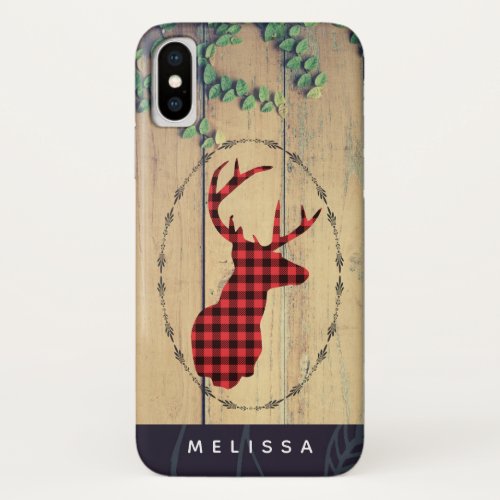 Deer Head with Antlers  on Wood Planks with Leave iPhone X Case