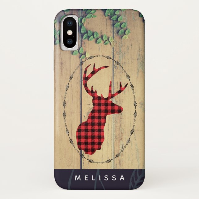 Deer Head with Antlers  on Wood Planks with Leave Case-Mate iPhone Case (Back)