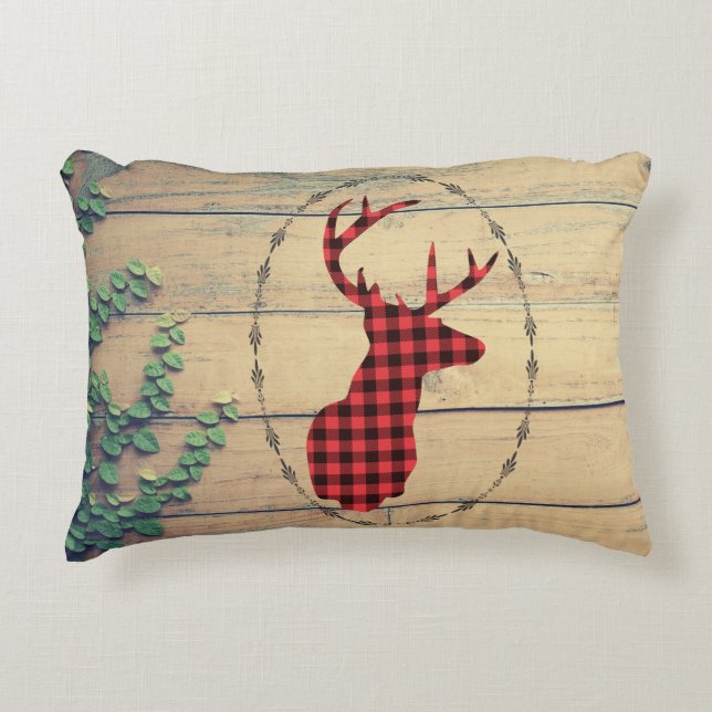 Deer Head with Antlers  on Wood Planks with Leaves Accent Pillow (Front)