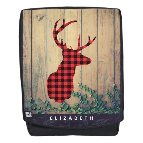 Deer Head with Antlers on Wood Planks with Leaves Backpack
