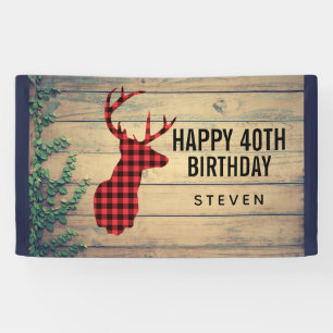 Deer Head with Antlers on Wood Planks with Leaves Banner