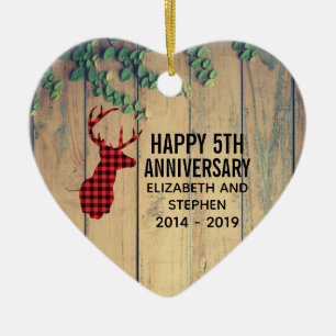 Deer Head with Antlers on Wood Planks with Leaves Ceramic Ornament