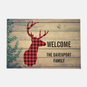 Deer Head with Antlers on Wood Planks with Leaves Doormat