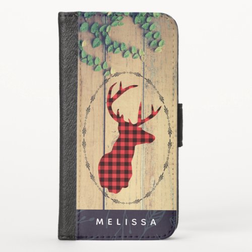 Deer Head with Antlers  on Wood Planks with Leaves iPhone X Wallet Case