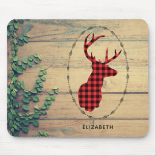 Deer Head with Antlers  on Wood Planks with Leaves Mouse Pad