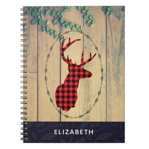 Deer Head with Antlers on Wood Planks with Leaves Notebook