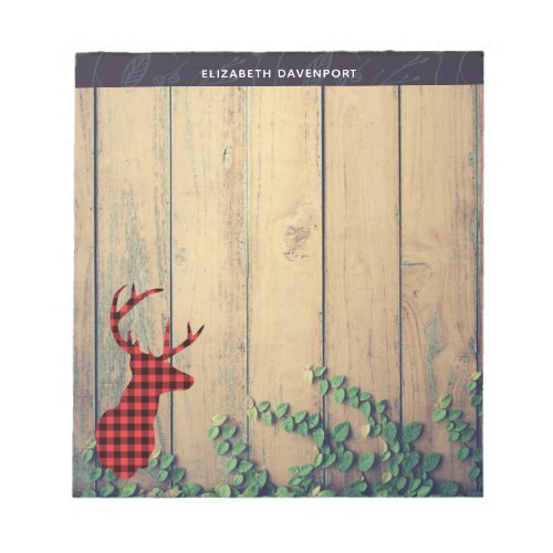 Deer Head with Antlers on Wood Planks with Leaves Notepad