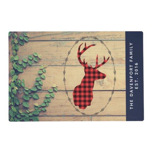 Deer Head with Antlers on Wood Planks with Leaves Placemat