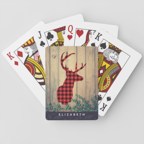 Deer Head with Antlers on Wood Planks with Leaves Poker Cards