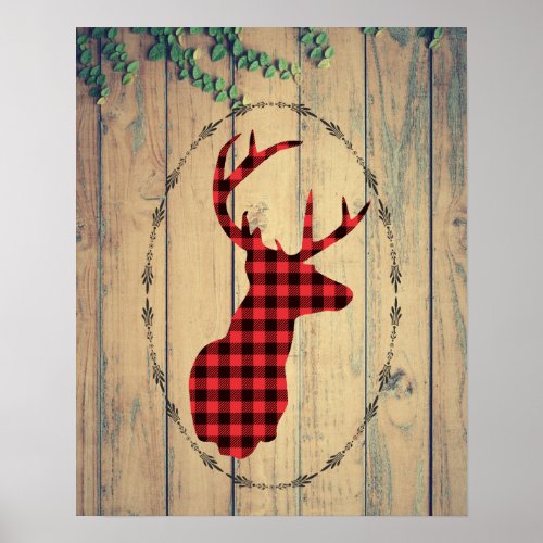 Deer Head with Antlers  on Wood Planks with Leaves Poster