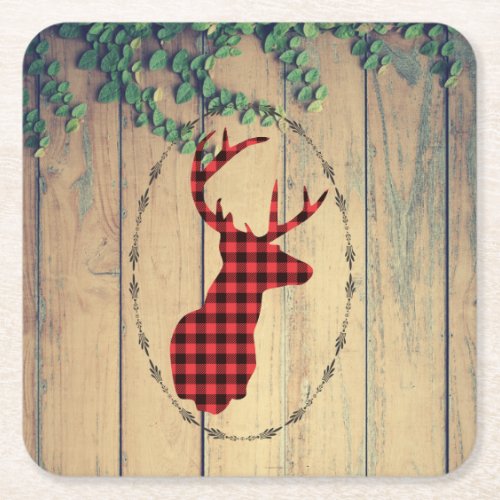 Deer Head with Antlers on Wood Planks with Leaves Square Paper Coaster