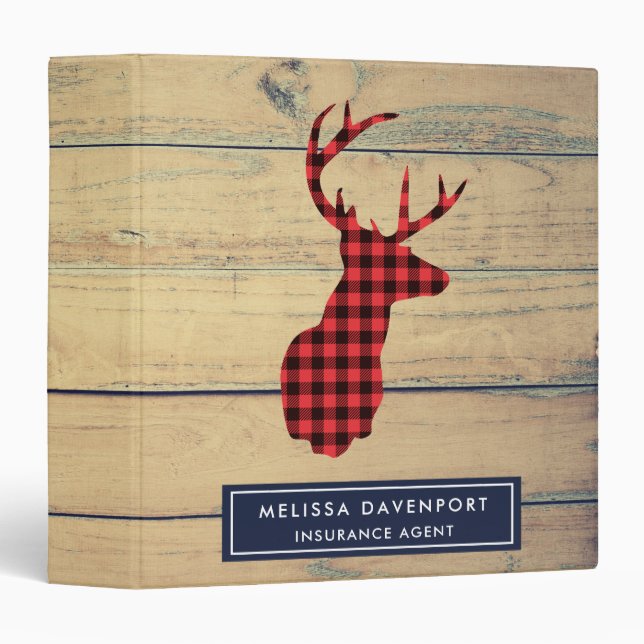 Deer head with Antlers - Red Plaid Rustic 3 Ring Binder (Front/Spine)