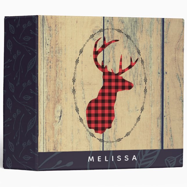 Deer head with Antlers - Red Plaid Rustic 3 Ring Binder (Front/Spine)