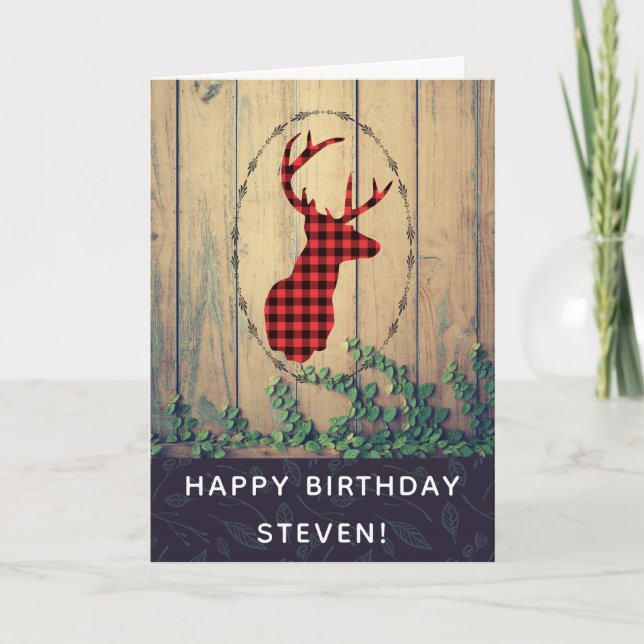Deer head with Antlers - Red Plaid Rustic Birthday Card (Front)