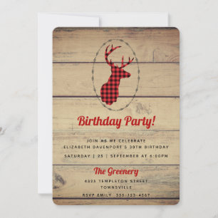 Deer head with Antlers - Red Plaid Rustic Birthday Invitation