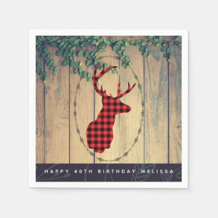 Deer head with Antlers - Red Plaid Rustic Birthday Napkins