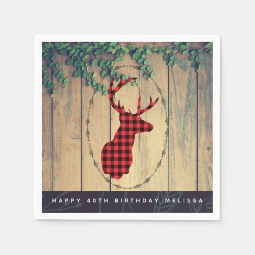 Deer head with Antlers _ Red Plaid Rustic Birthday Napkins