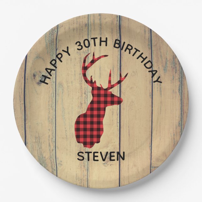 Deer head with Antlers - Red Plaid Rustic Birthday Paper Plates (Front)