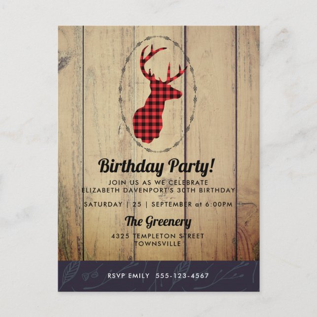 Deer head with Antlers - Red Plaid Rustic Birthday Postcard (Front)