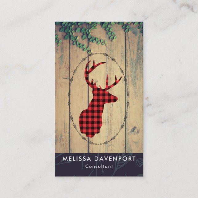 Deer head with Antlers - Red Plaid Rustic Business Card (Front)