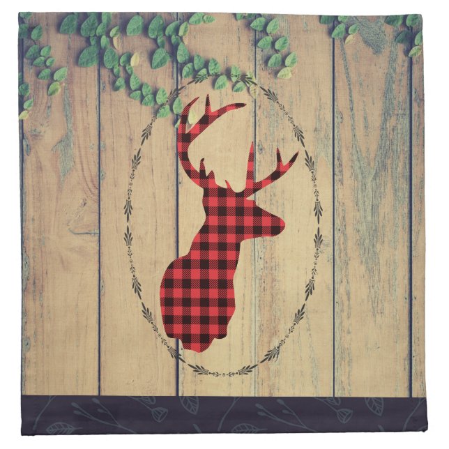 Deer head with Antlers - Red Plaid Rustic Cloth Napkin (Front)