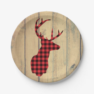 Deer head with Antlers - Red Plaid Rustic Paper Plates