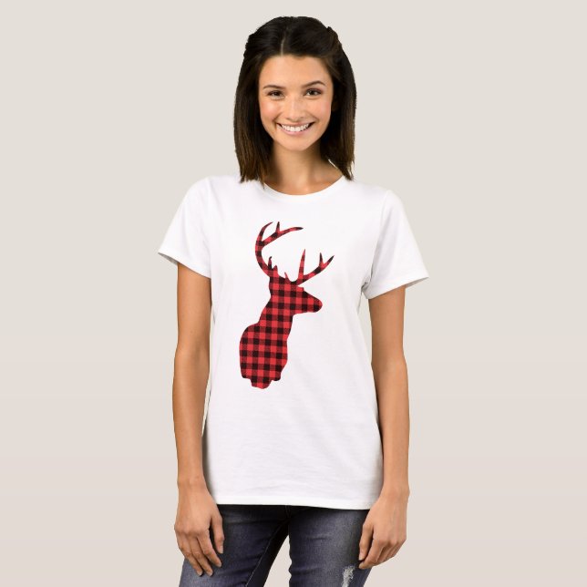 Deer Head with Antlers - Red Plaid Rustic T-Shirt (Front Full)