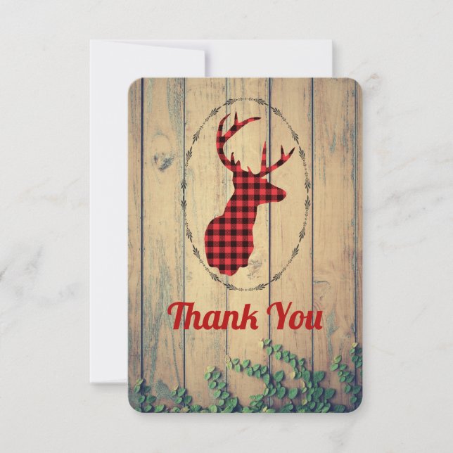 Deer head with Antlers Red Plaid Rustic Thank You Card (Front)