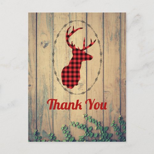 Deer head with Antlers Red Plaid Rustic Thank You Postcard