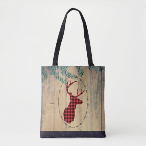 Deer head with Antlers _ Red Plaid Rustic Tote Bag