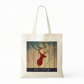 Deer head with Antlers - Red Plaid Rustic Tote Bag