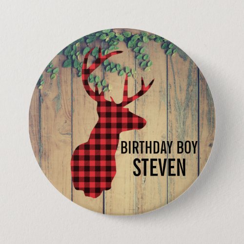 Deer Head with Antlers _ Rustic Red Plaid Button