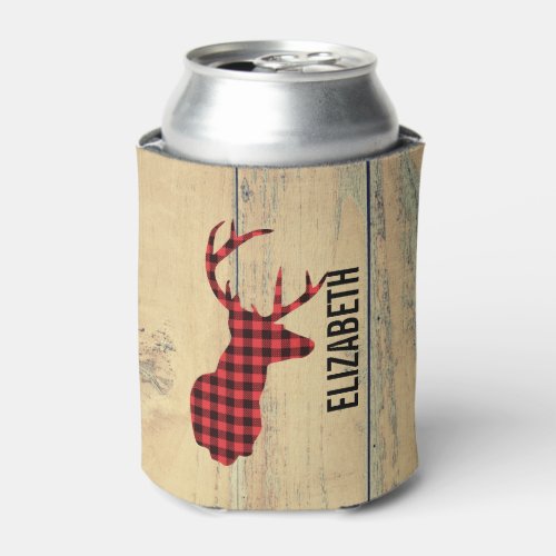 Deer Head with Antlers _ Rustic Red Plaid Can Cooler