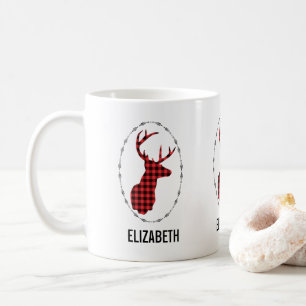 Deer Head with Antlers - Rustic Red Plaid Coffee Mug