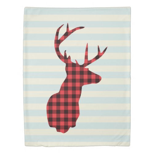 Deer Head with Antlers _ Rustic Red Plaid Duvet Cover