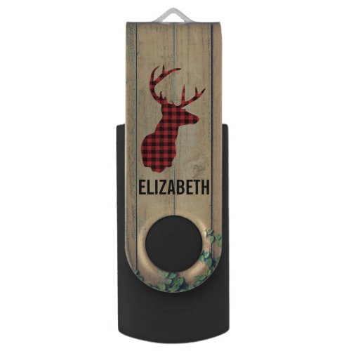 Deer Head with Antlers _ Rustic Red Plaid Flash Drive