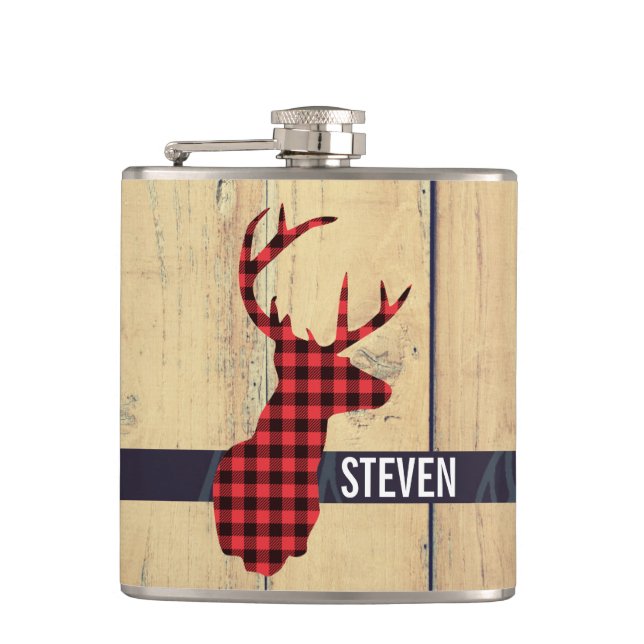 Deer Head with Antlers - Rustic Red Plaid Flask (Front)