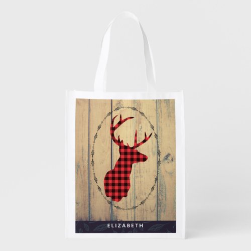 Deer Head with Antlers _ Rustic Red Plaid Grocery Bag