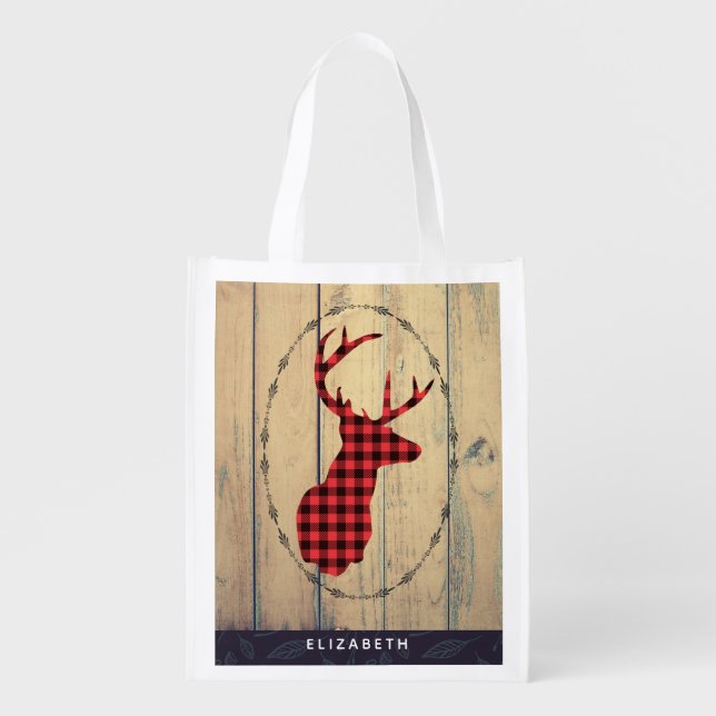 Deer Head with Antlers - Rustic Red Plaid Grocery Bag (Front)