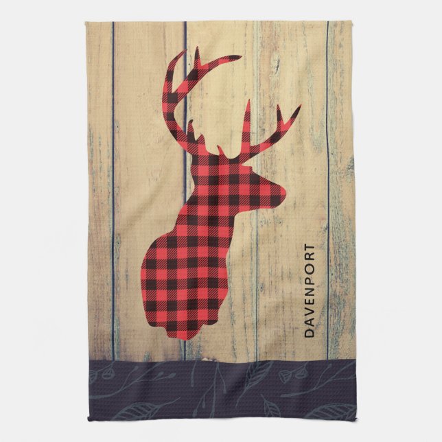 Deer Head with Antlers - Rustic Red Plaid Kitchen Towel (Vertical)