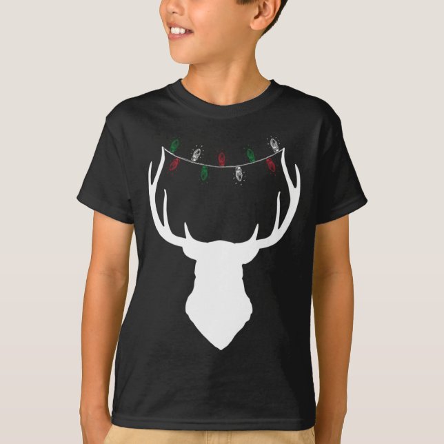 Deer Head with Christmas Lights on Antlers T-Shirt (Front)
