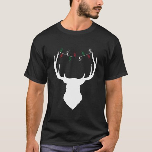 Deer Head With Christmas Lights On Antlers T_Shirt