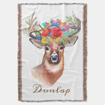 Deer Head With Flowers Throw Blanket by Hannahscloset at Zazzle